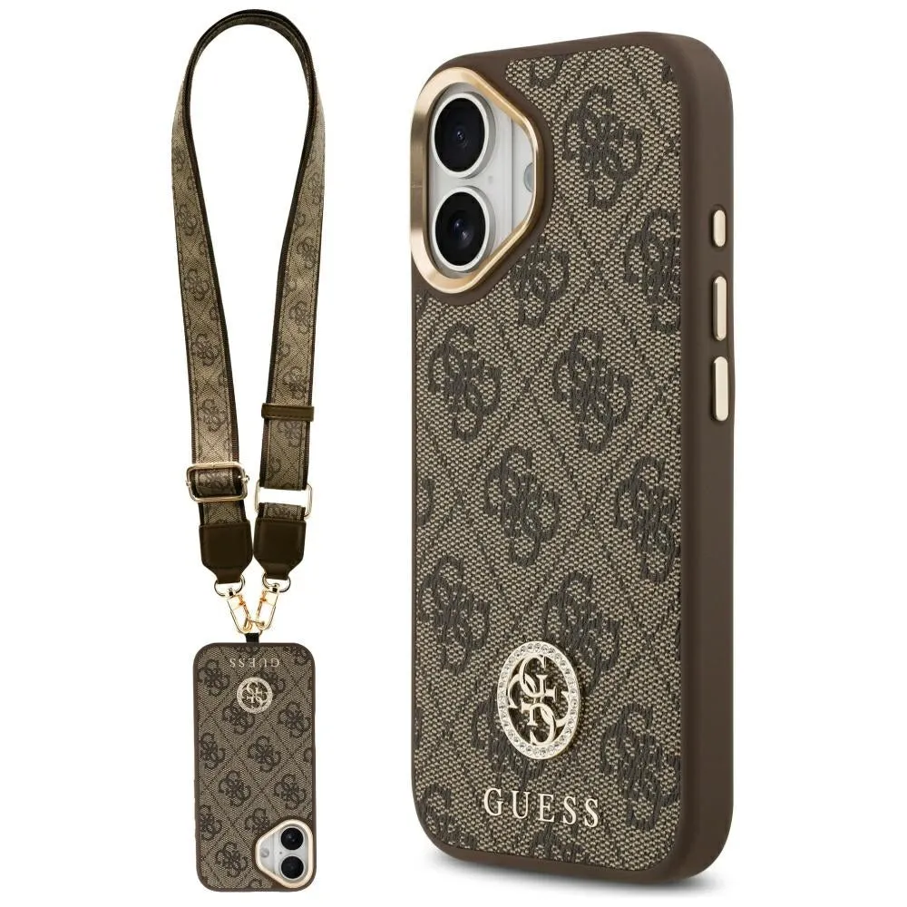 Custodia MagSafe per Apple iPhone 17, Guess, 4G Strass Logo con Cinturino Grande, Marrone - immagine 1