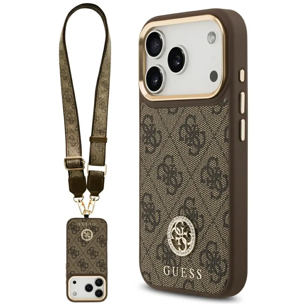 Custodia MagSafe per Apple iPhone 17 Pro, Guess, 4G Strass Logo con Cinturino Grande, Marrone - immagine 1