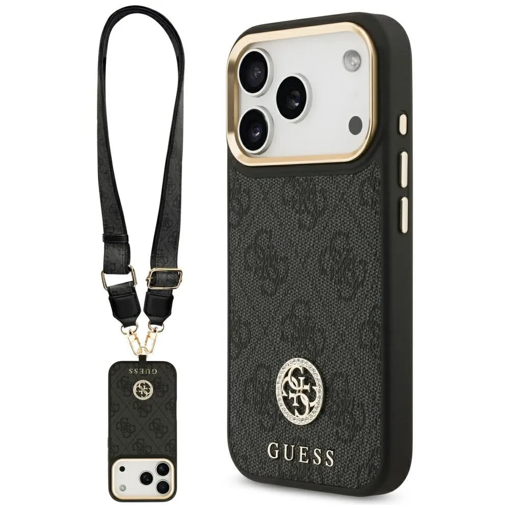 Custodia MagSafe per Apple iPhone 17 Pro, Guess, 4G Strass Logo con Cinturino Grande, Nera - immagine 1