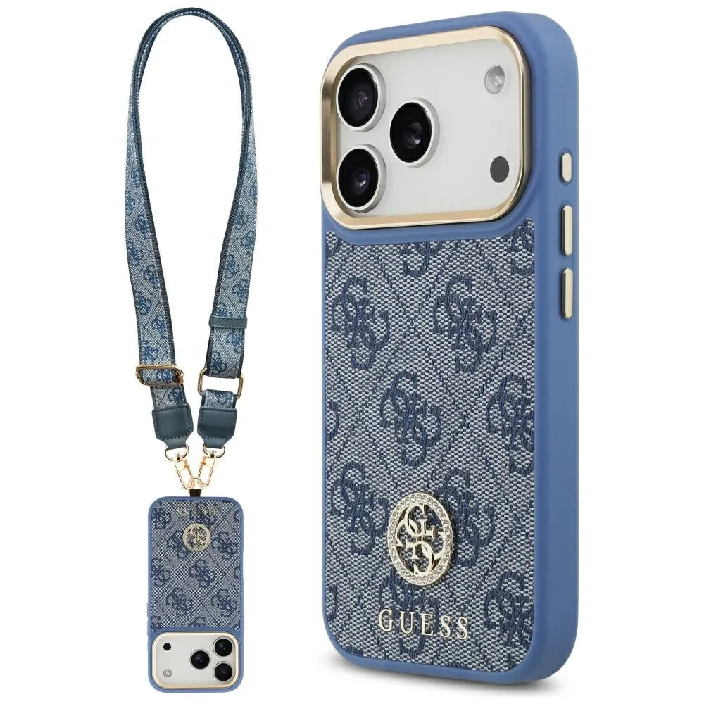 Custodia MagSafe per Apple iPhone 17 Pro, Guess, 4G Strass Logo con Big Strap, Blu - immagine 1