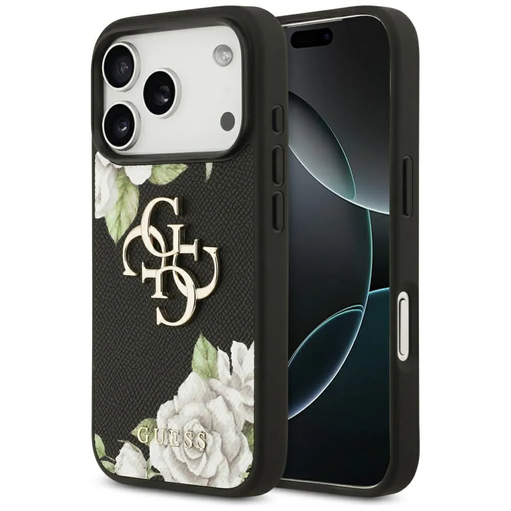 Custodia per Apple iPhone 17 Pro, Guess, 4G Grained Roses Big Logo, Nera - immagine 1