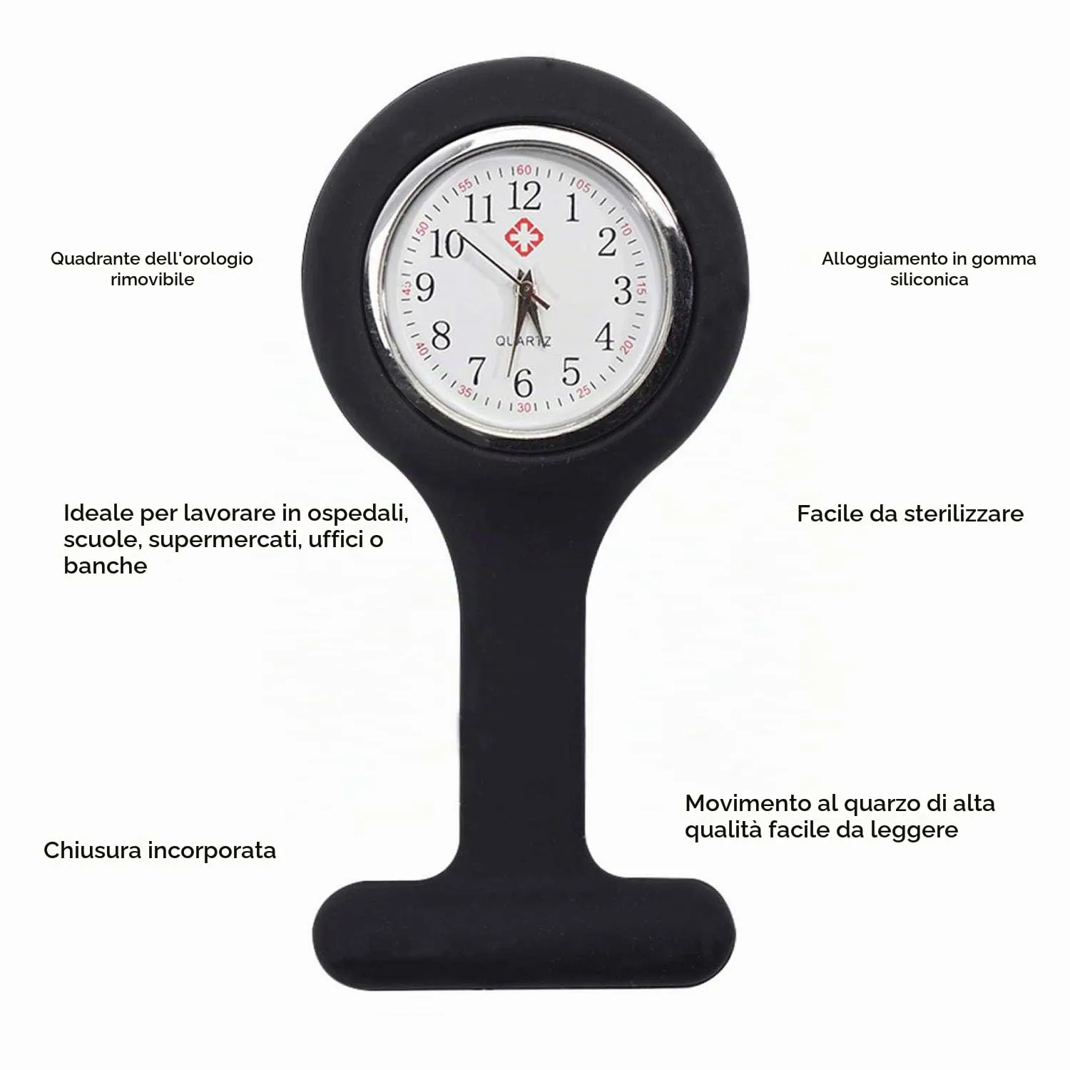 TRIXES Porta orologio infermiera silicone con clip - Nero - immagine 5