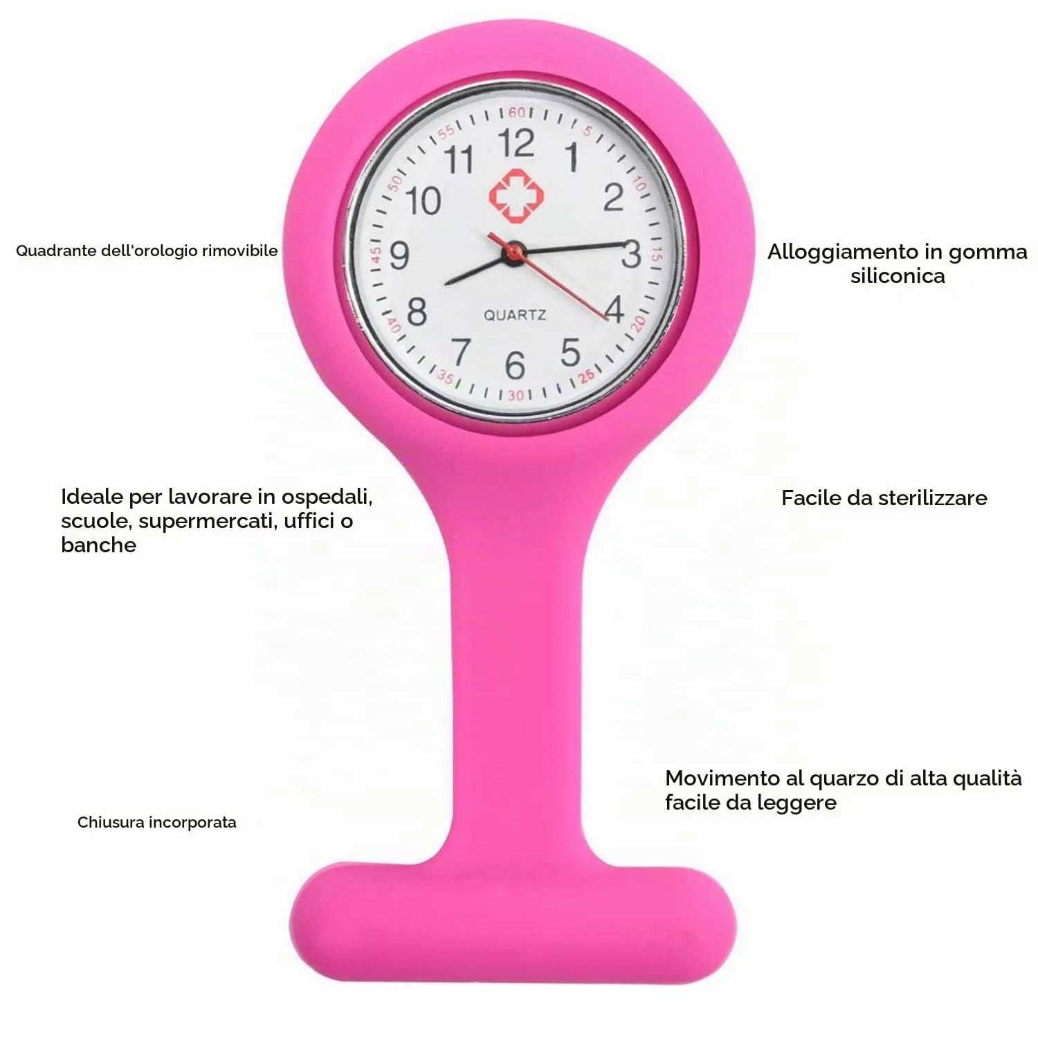 TRIXES Orologio da Infermiere con Spilla, Cinturino in Silicone Rosa Scuro - immagine 5