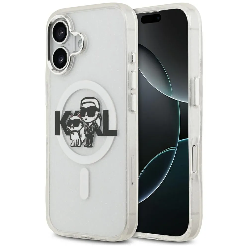 Custodia MagSafe per Apple iPhone 17, Karl Lagerfeld, IML Sketch Logo Glitter Karl & Choupette, Trasparente - immagine 1