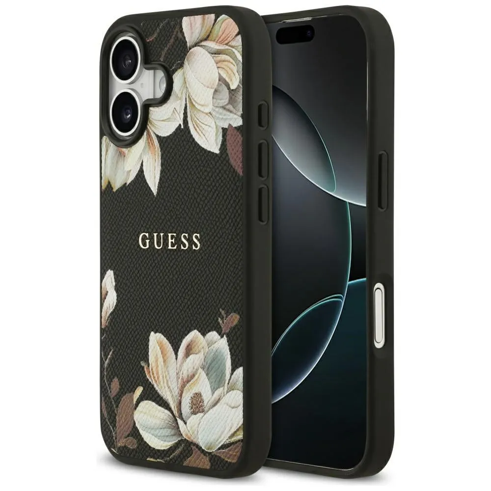 Custodia MagSafe per Apple iPhone 17, Guess, Grained Flowers, Nera - immagine 1