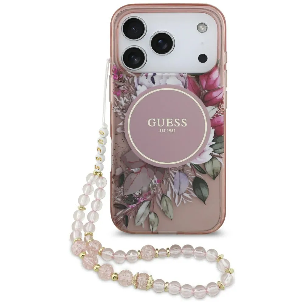 Custodia MagSafe per Apple iPhone 17 Pro, Guess, IML Flowers with Pearl Strap, Rosa - immagine 1
