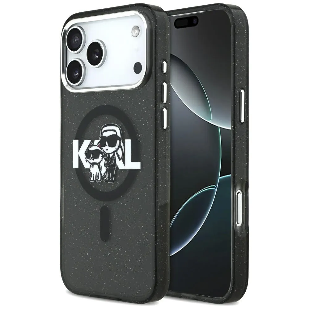 Custodia MagSafe per Apple iPhone 17 Pro Max, Karl Lagerfeld, IML Sketch Logo Glitter Karl & Choupette, Nera - immagine 1