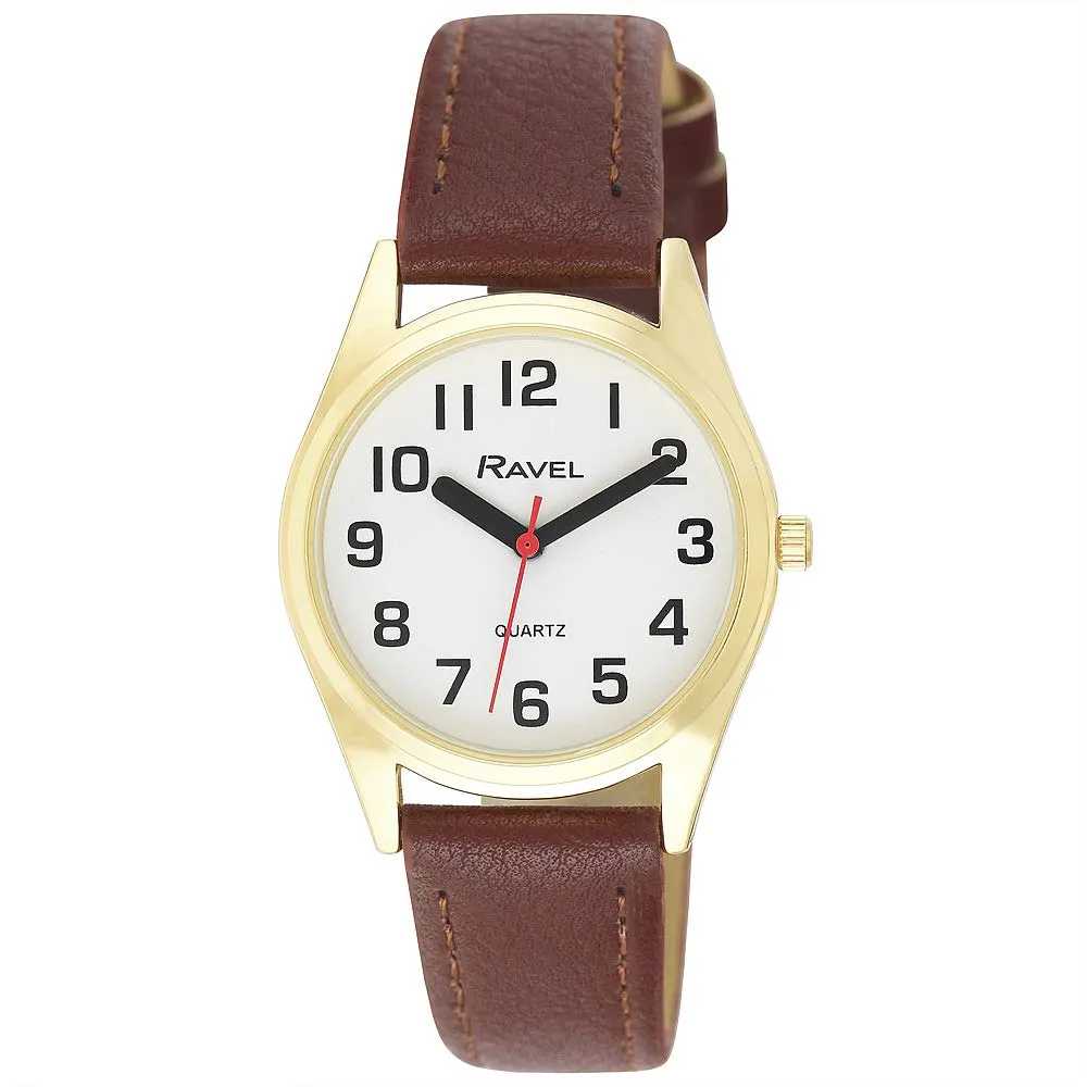 Ravel - Orologio Unisex Super Audace Cinturino di Aiuto alla vista con Grandi Numeri - Quadrante Bianco/Colore Oro/Marrone - immagine 1