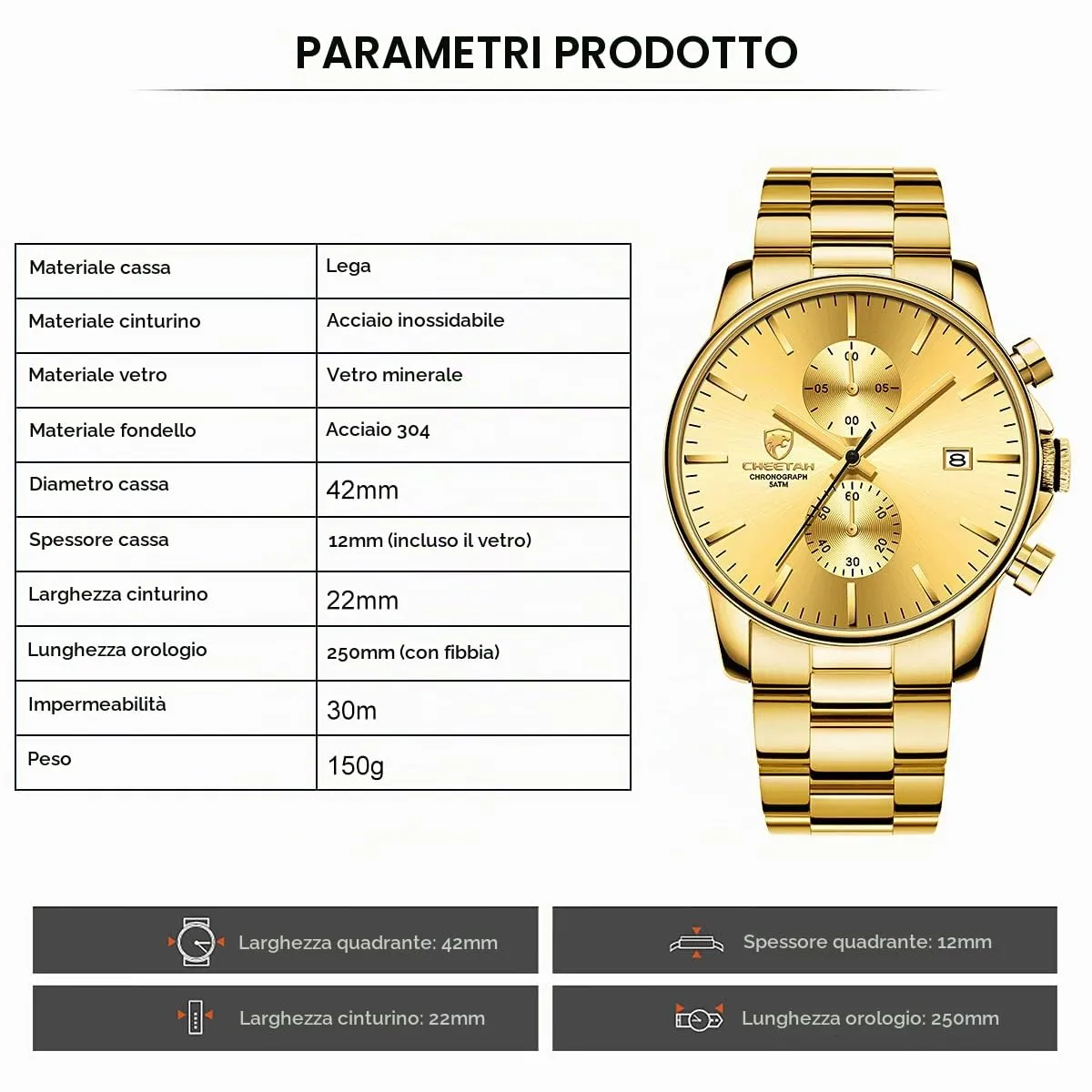 Affute Orologi da uomo in acciaio inox e metallo, stile casual, impermeabile, cronografo al quarzo, data automatica, lancette colorate… (Oro oro) - immagine 2