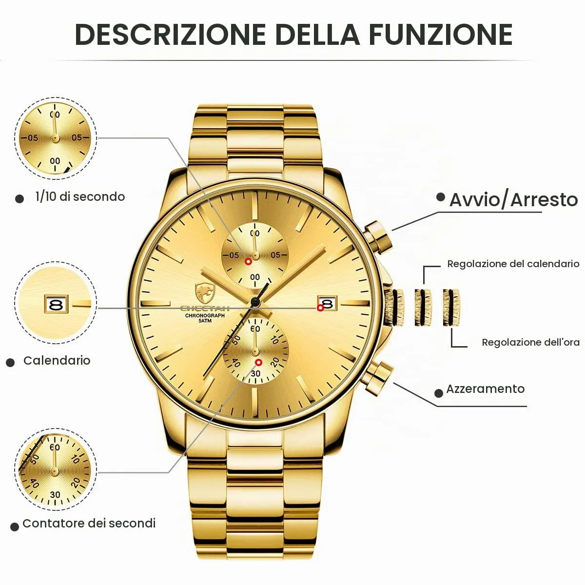 Affute Orologi da uomo in acciaio inox e metallo, stile casual, impermeabile, cronografo al quarzo, data automatica, lancette colorate… (Oro oro) - immagine 3