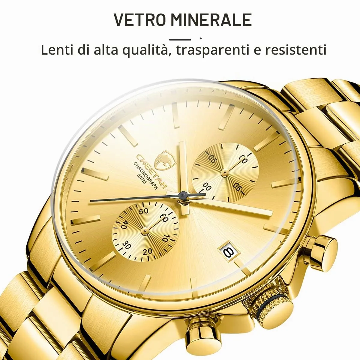 Affute Orologi da uomo in acciaio inox e metallo, stile casual, impermeabile, cronografo al quarzo, data automatica, lancette colorate… (Oro oro) - immagine 4