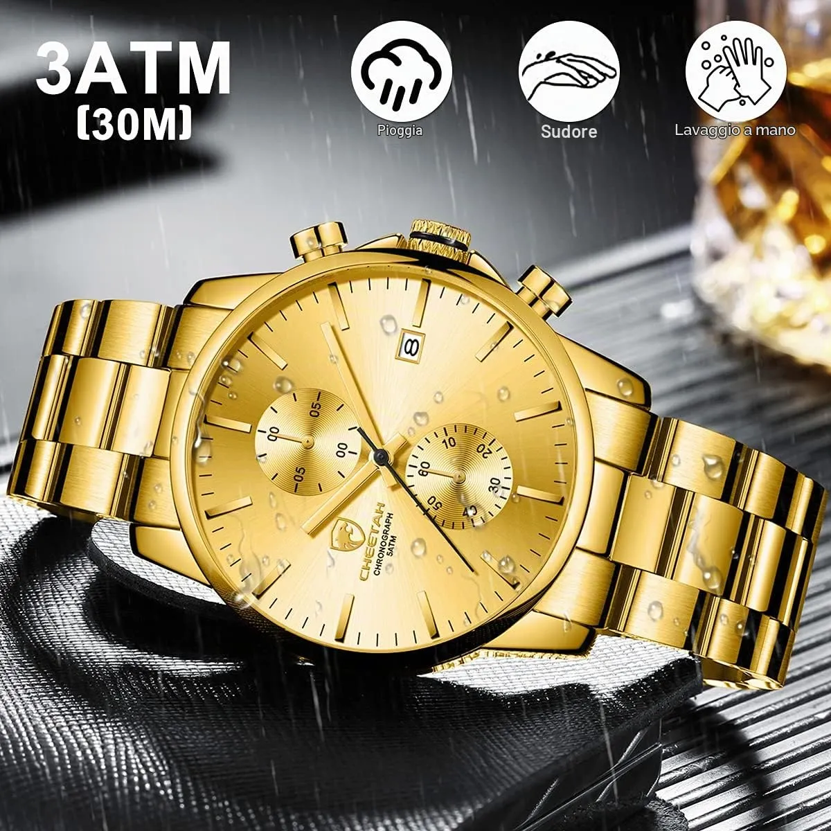 Affute Orologi da uomo in acciaio inox e metallo, stile casual, impermeabile, cronografo al quarzo, data automatica, lancette colorate… (Oro oro) - immagine 5