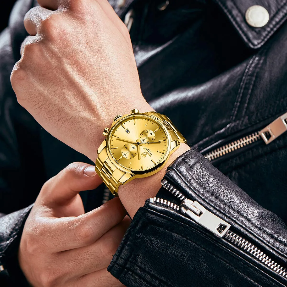 Affute Orologi da uomo in acciaio inox e metallo, stile casual, impermeabile, cronografo al quarzo, data automatica, lancette colorate… (Oro oro) - immagine 7