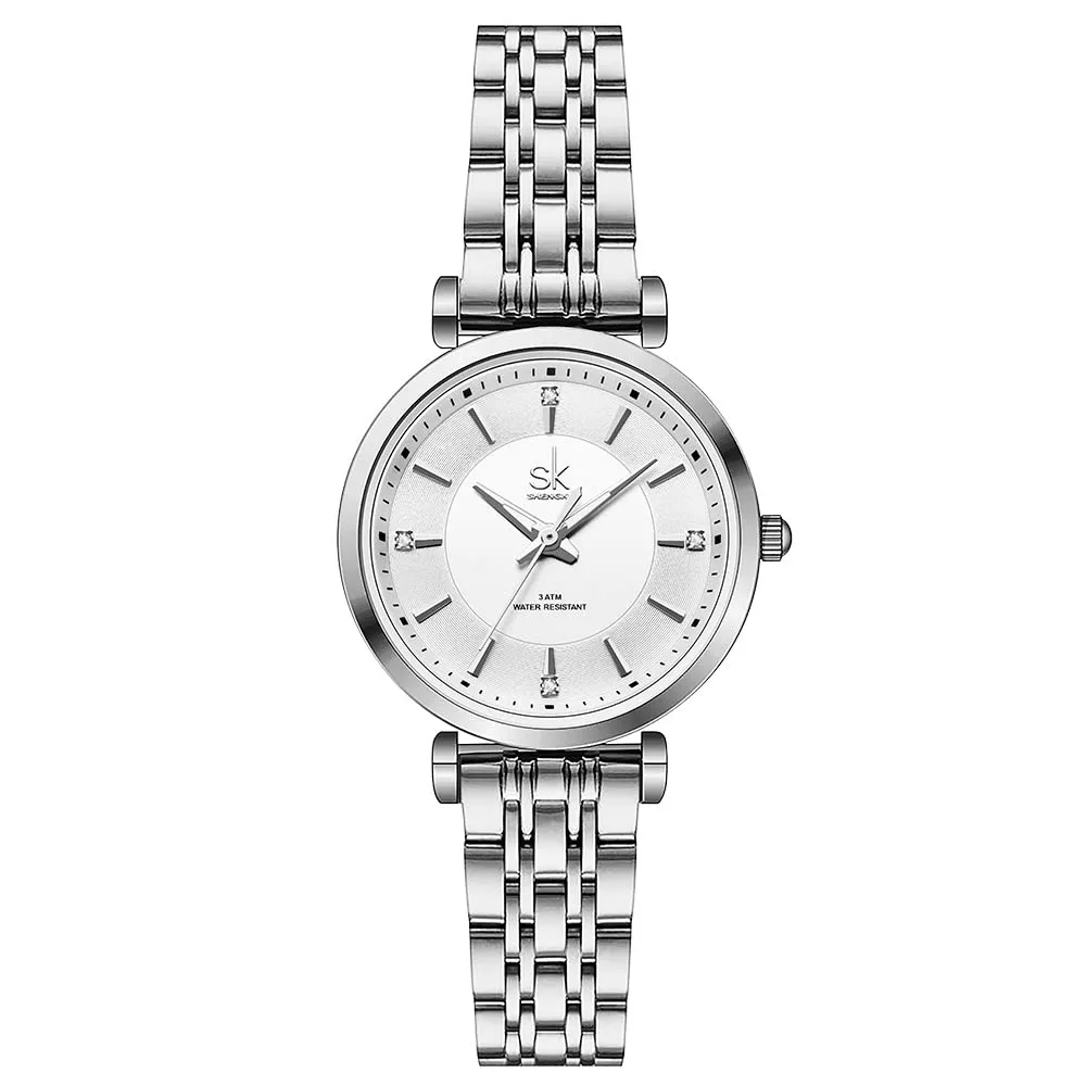 SHENGKE SK Classic Donne Orologi Moda Donne Dress Watch Solido Acciaio Inox Band Cinturino in Vera Pelle(Silver) - immagine 1