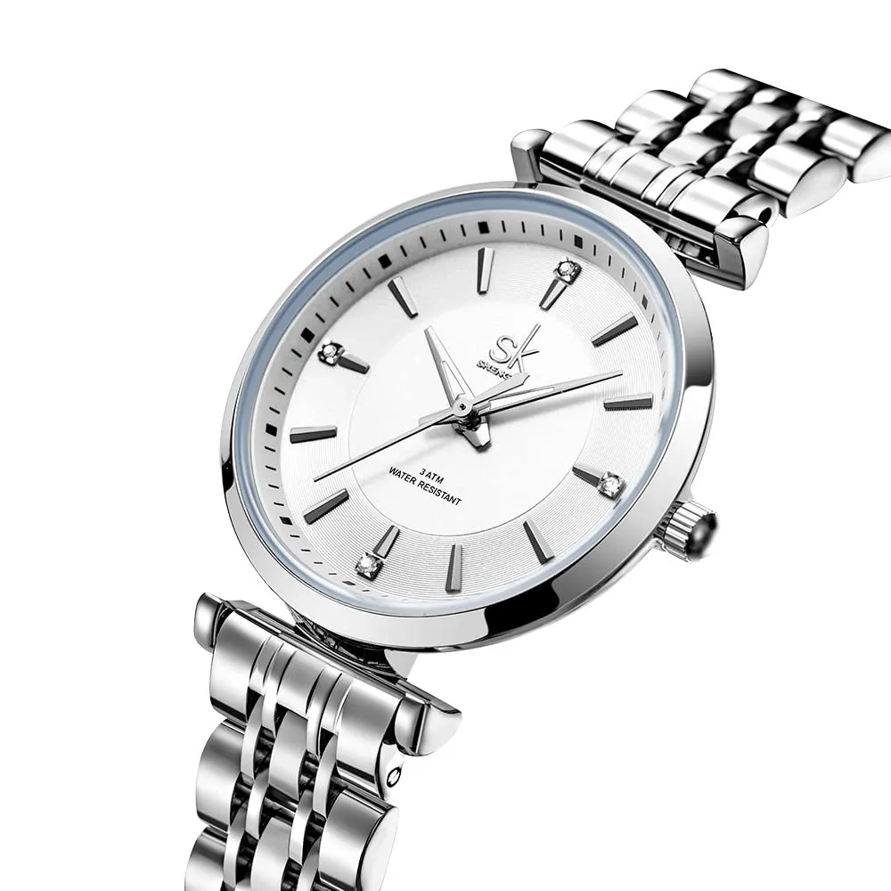 SHENGKE SK Classic Donne Orologi Moda Donne Dress Watch Solido Acciaio Inox Band Cinturino in Vera Pelle(Silver) - immagine 2