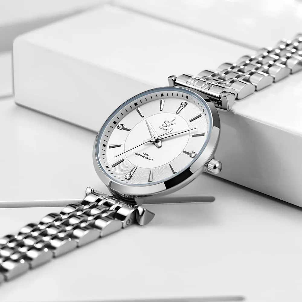 SHENGKE SK Classic Donne Orologi Moda Donne Dress Watch Solido Acciaio Inox Band Cinturino in Vera Pelle(Silver) - immagine 3