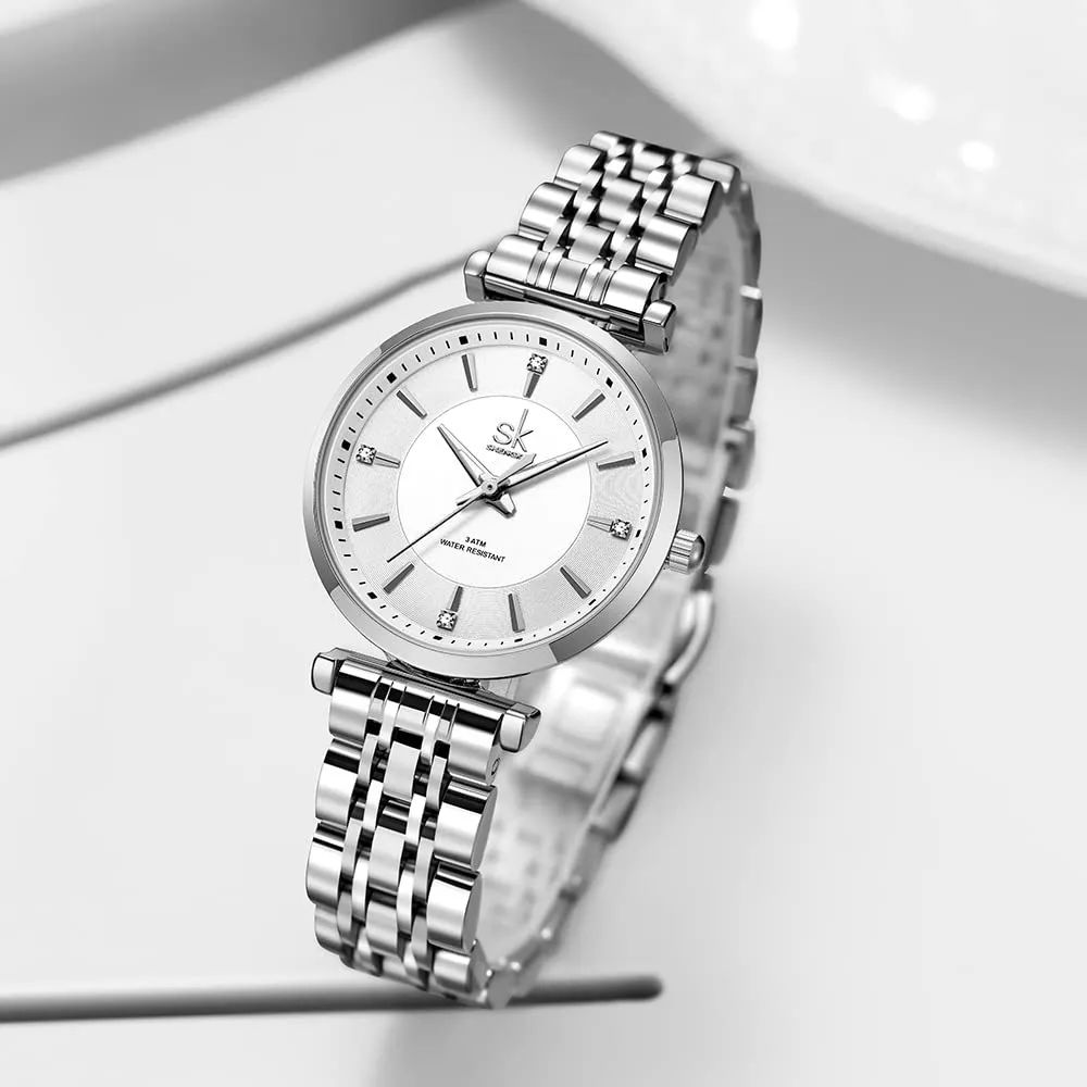 SHENGKE SK Classic Donne Orologi Moda Donne Dress Watch Solido Acciaio Inox Band Cinturino in Vera Pelle(Silver) - immagine 4