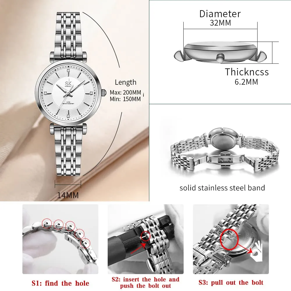 SHENGKE SK Classic Donne Orologi Moda Donne Dress Watch Solido Acciaio Inox Band Cinturino in Vera Pelle(Silver) - immagine 5