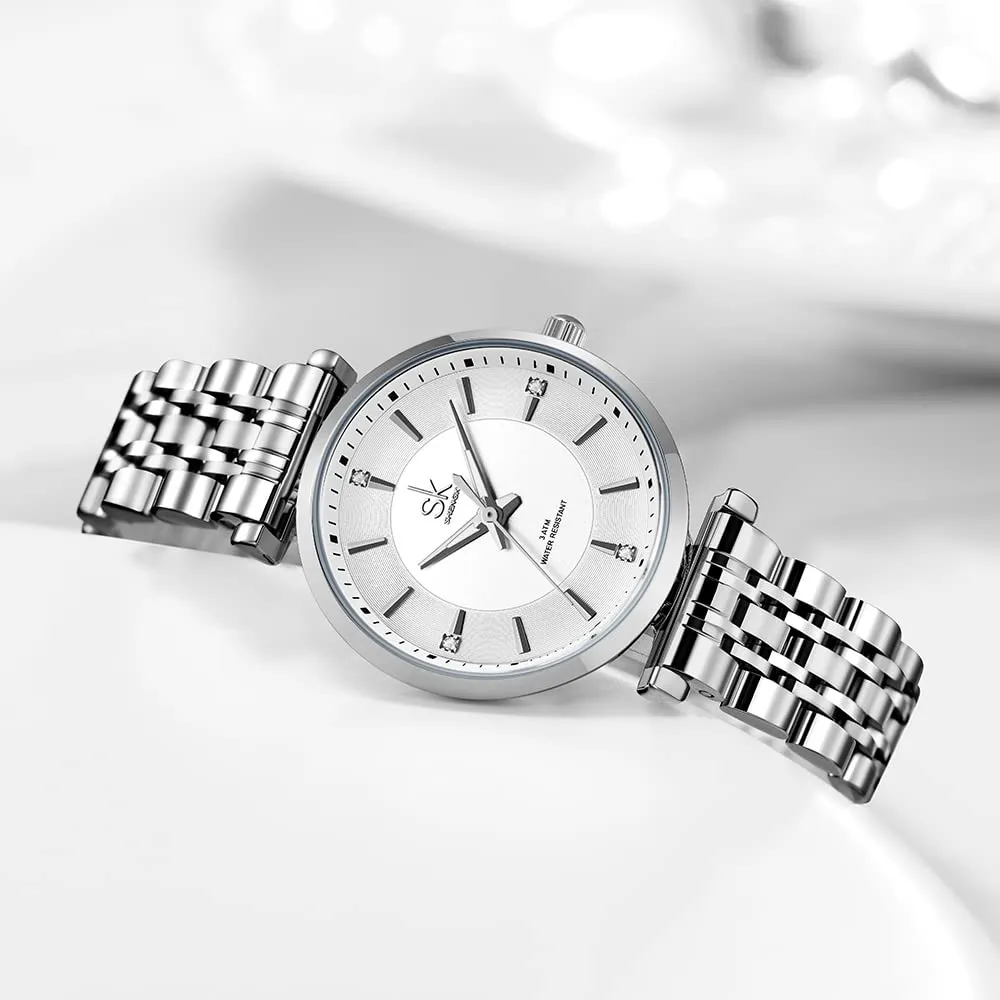 SHENGKE SK Classic Donne Orologi Moda Donne Dress Watch Solido Acciaio Inox Band Cinturino in Vera Pelle(Silver) - immagine 6