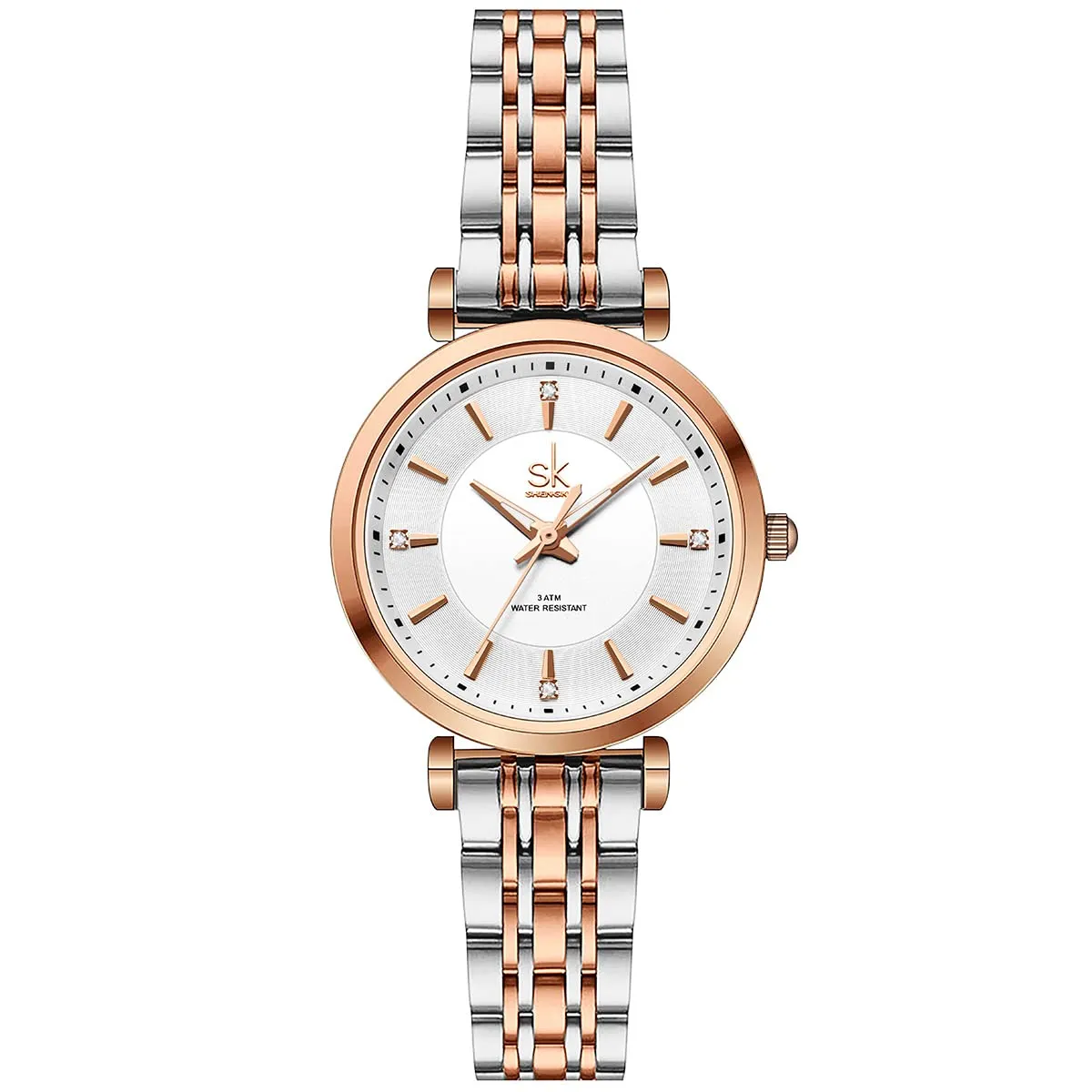SHENGKE SK Classic Donne Orologi Moda Donne Dress Watch Solido Acciaio Inox Band Cinturino in Vera Pelle(Silver-Rosegold) - immagine 1