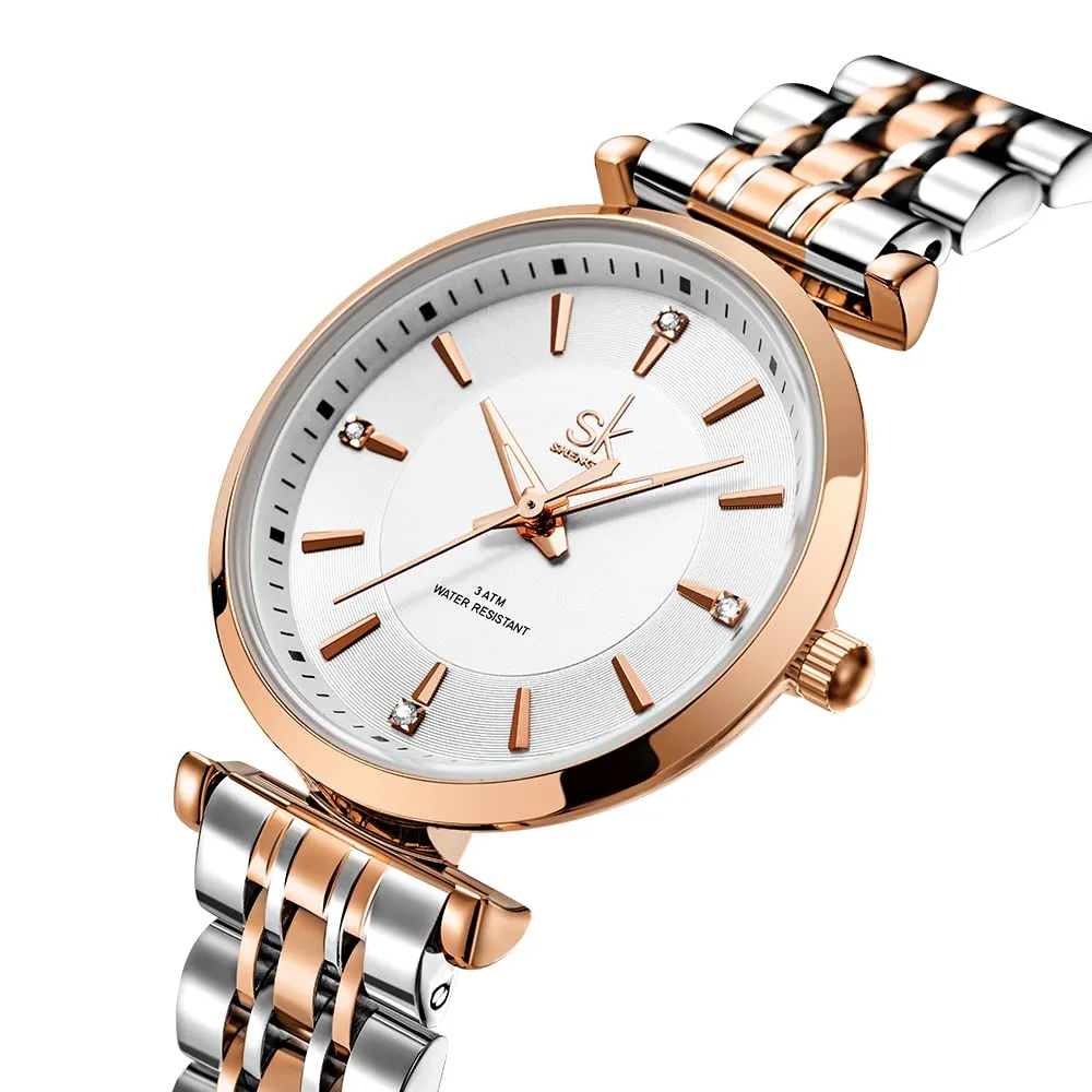 SHENGKE SK Classic Donne Orologi Moda Donne Dress Watch Solido Acciaio Inox Band Cinturino in Vera Pelle(Silver-Rosegold) - immagine 2