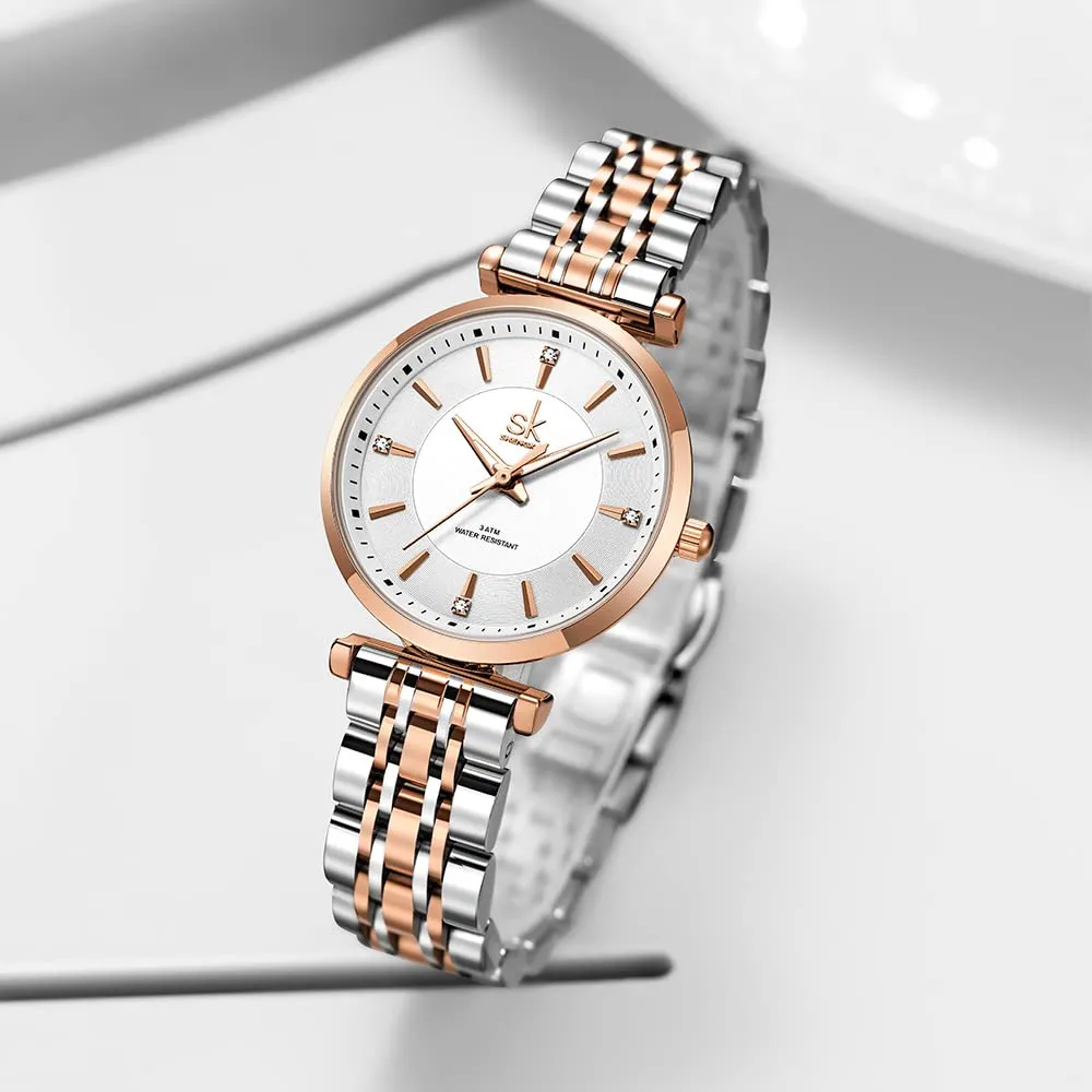 SHENGKE SK Classic Donne Orologi Moda Donne Dress Watch Solido Acciaio Inox Band Cinturino in Vera Pelle(Silver-Rosegold) - immagine 3