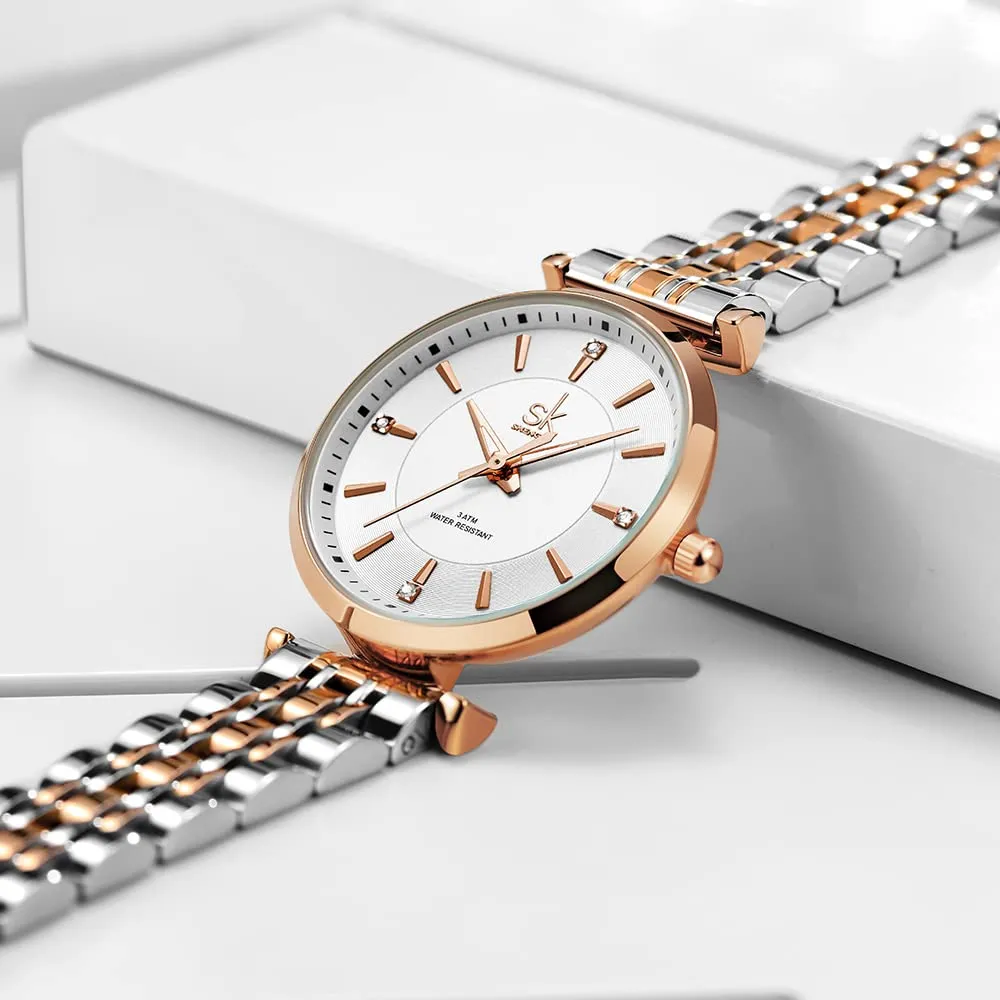 SHENGKE SK Classic Donne Orologi Moda Donne Dress Watch Solido Acciaio Inox Band Cinturino in Vera Pelle(Silver-Rosegold) - immagine 4