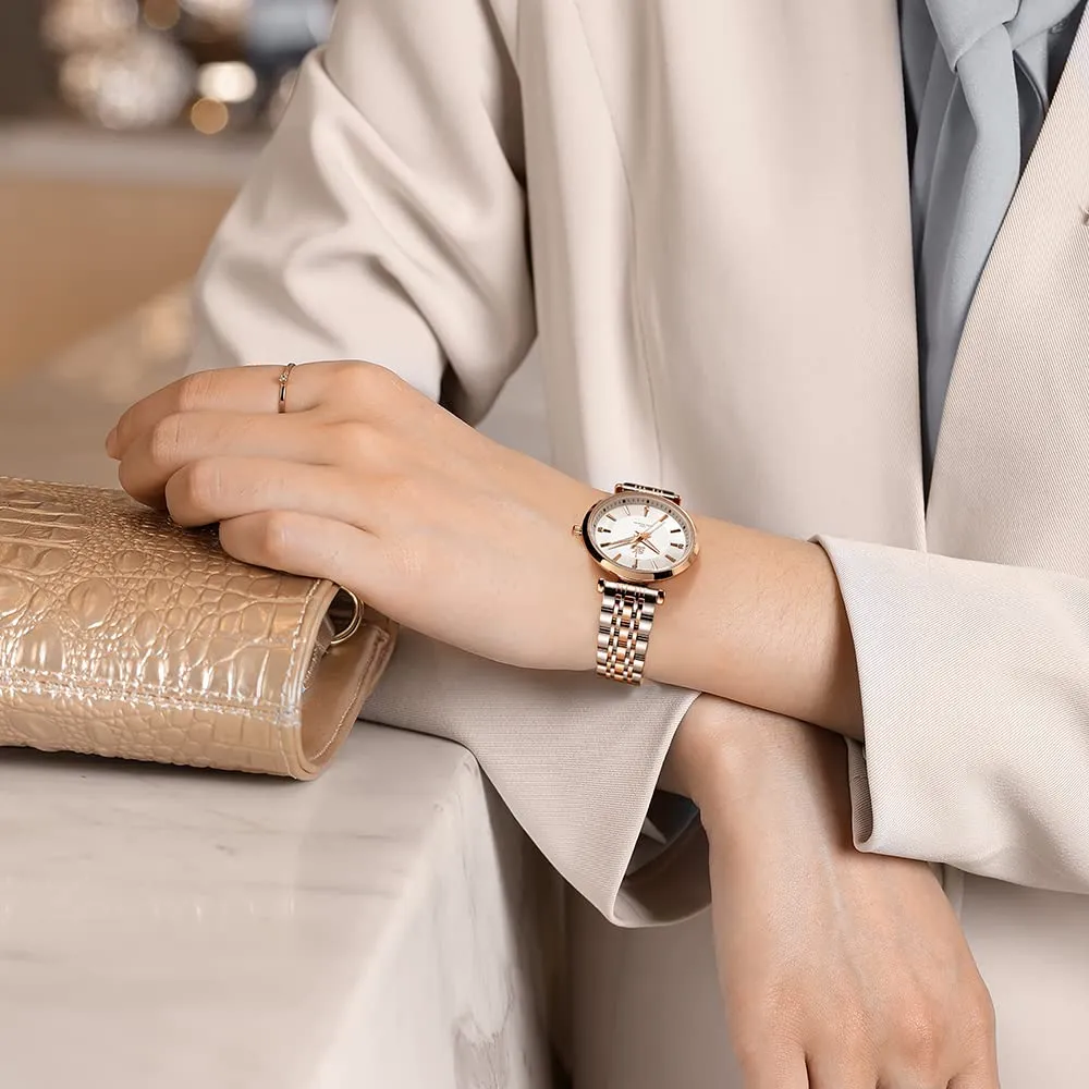 SHENGKE SK Classic Donne Orologi Moda Donne Dress Watch Solido Acciaio Inox Band Cinturino in Vera Pelle(Silver-Rosegold) - immagine 5