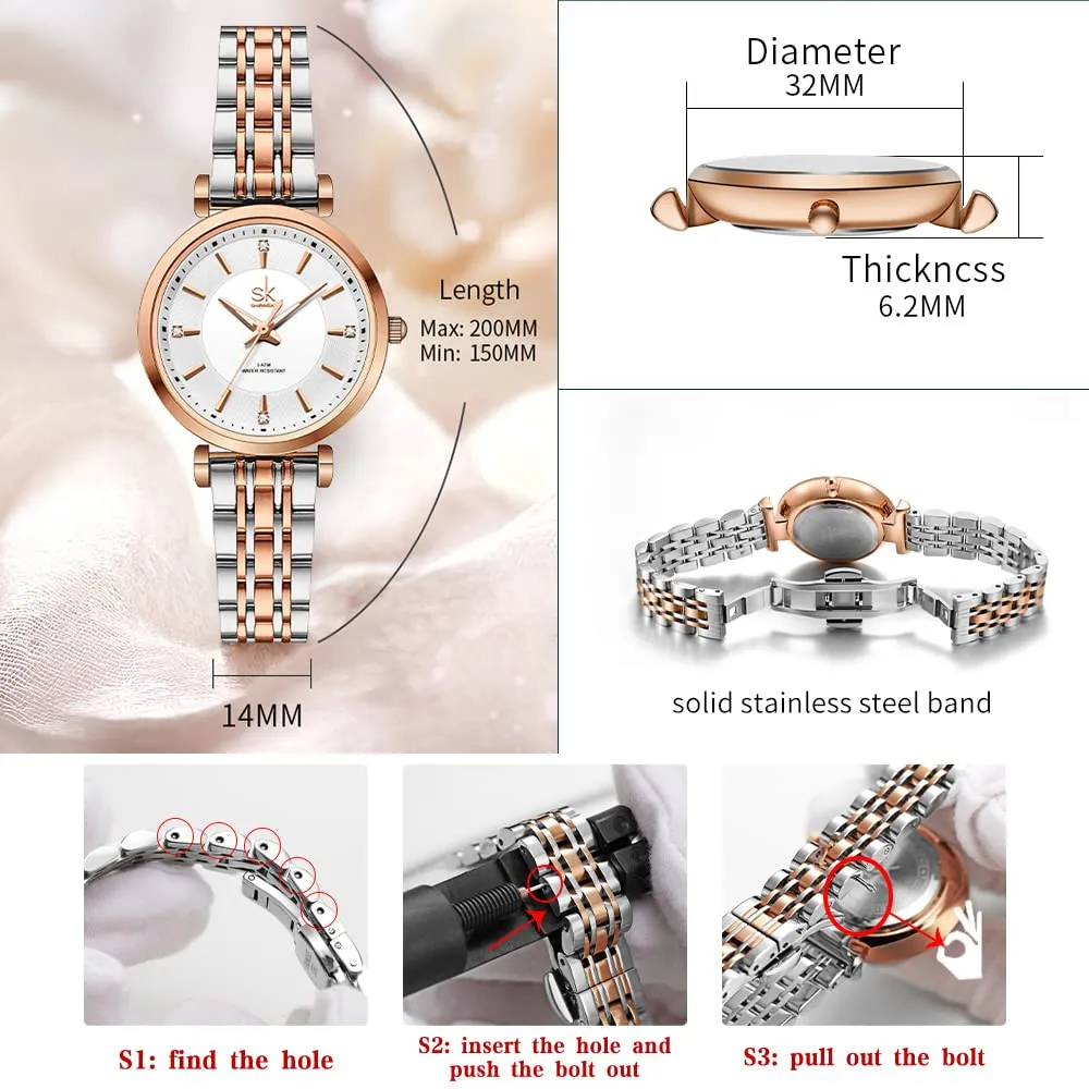 SHENGKE SK Classic Donne Orologi Moda Donne Dress Watch Solido Acciaio Inox Band Cinturino in Vera Pelle(Silver-Rosegold) - immagine 6