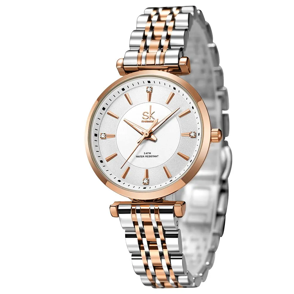 SHENGKE SK Classic Donne Orologi Moda Donne Dress Watch Solido Acciaio Inox Band Cinturino in Vera Pelle(Silver-Rosegold) - immagine 7