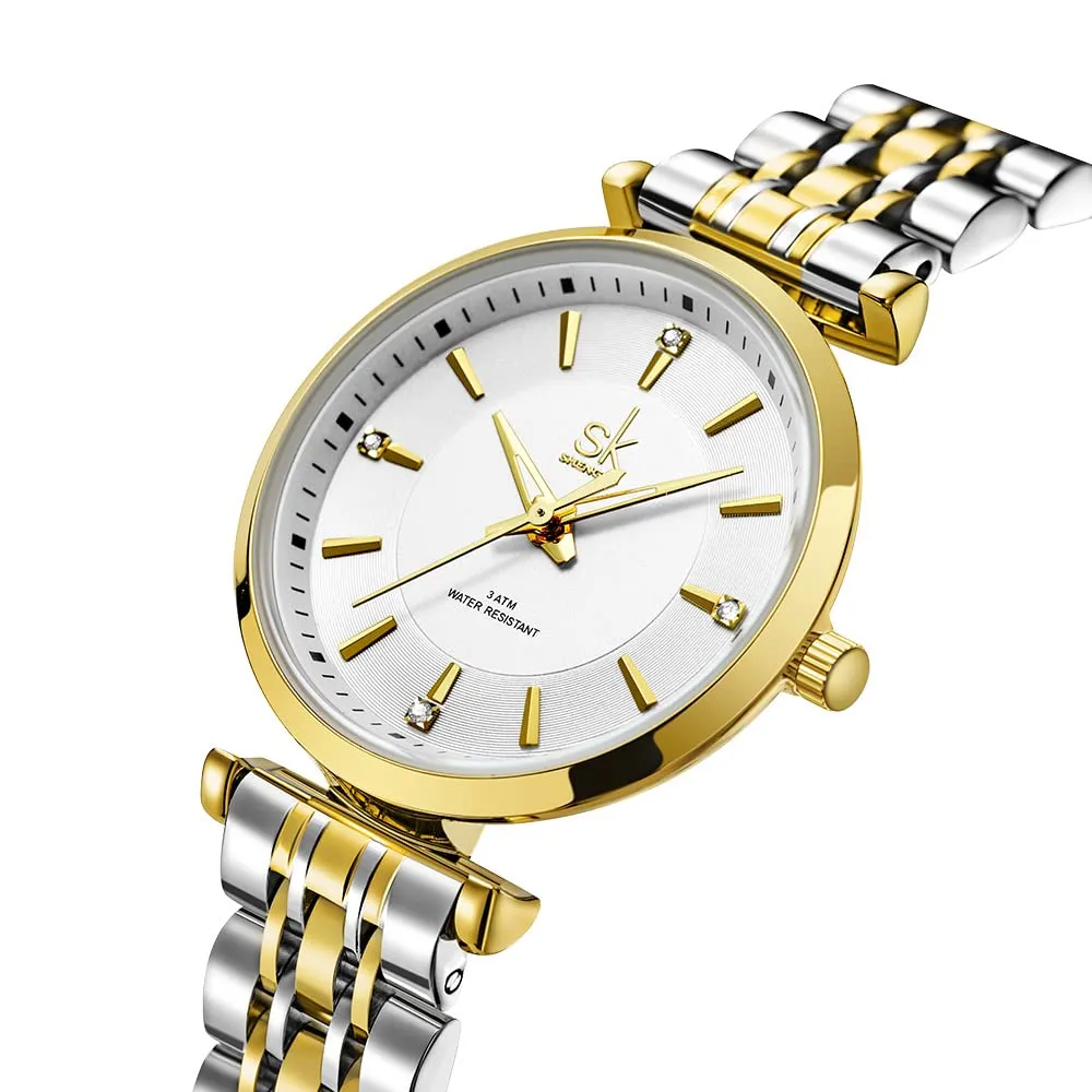 SHENGKE SK Classic Donne Orologi Moda Donne Dress Watch Solido Acciaio Inox Band Cinturino in Vera Pelle(Silver-Gold) - immagine 2