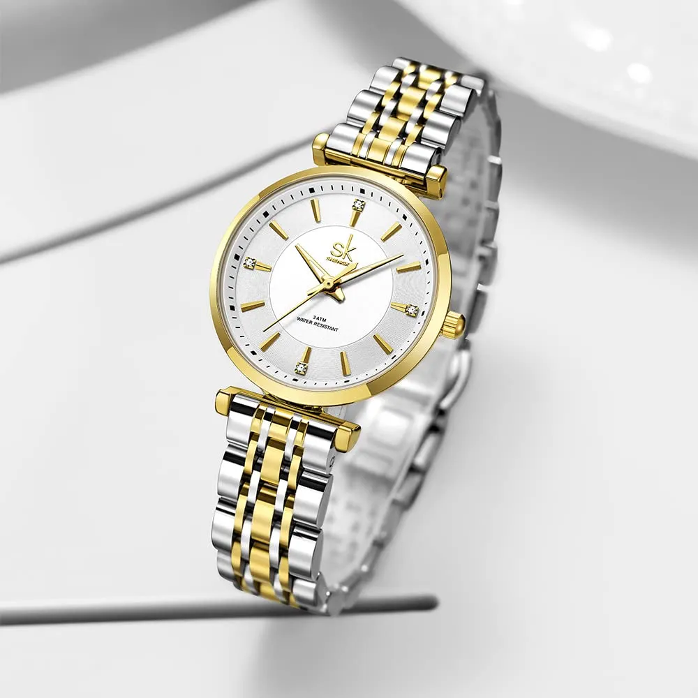 SHENGKE SK Classic Donne Orologi Moda Donne Dress Watch Solido Acciaio Inox Band Cinturino in Vera Pelle(Silver-Gold) - immagine 3