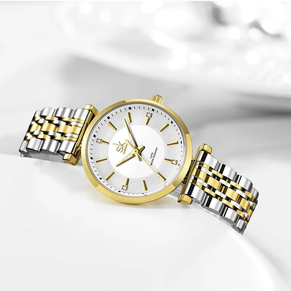 SHENGKE SK Classic Donne Orologi Moda Donne Dress Watch Solido Acciaio Inox Band Cinturino in Vera Pelle(Silver-Gold) - immagine 4