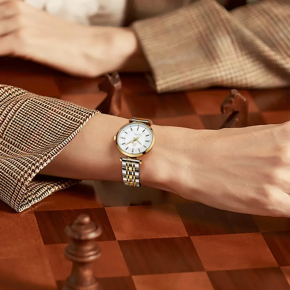 SHENGKE SK Classic Donne Orologi Moda Donne Dress Watch Solido Acciaio Inox Band Cinturino in Vera Pelle(Silver-Gold) - immagine 5