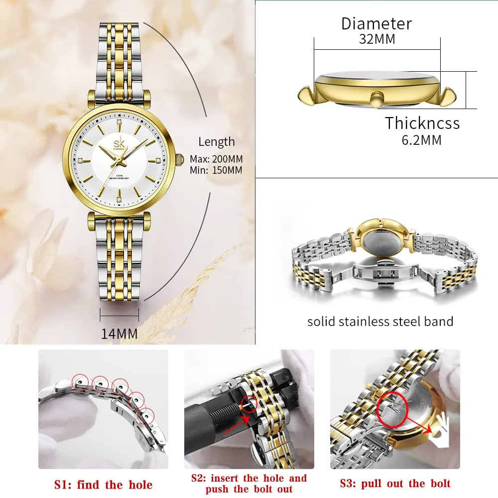 SHENGKE SK Classic Donne Orologi Moda Donne Dress Watch Solido Acciaio Inox Band Cinturino in Vera Pelle(Silver-Gold) - immagine 6