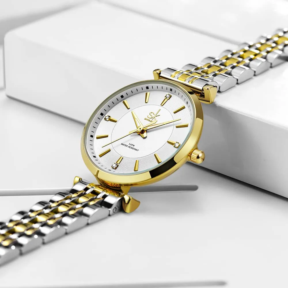 SHENGKE SK Classic Donne Orologi Moda Donne Dress Watch Solido Acciaio Inox Band Cinturino in Vera Pelle(Silver-Gold) - immagine 7