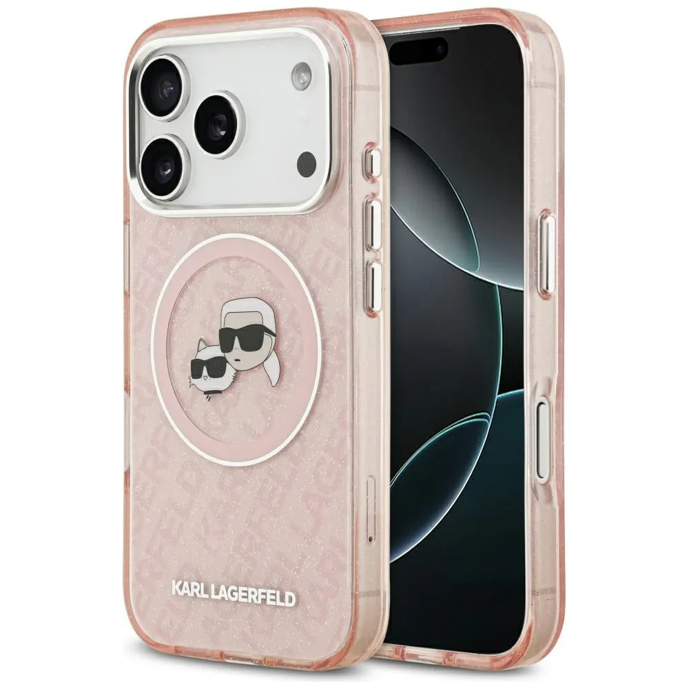 Custodia MagSafe per Apple iPhone 17 Pro Max, Karl Lagerfeld, Glitter Karl & Choupette Head, Rosa - immagine 1