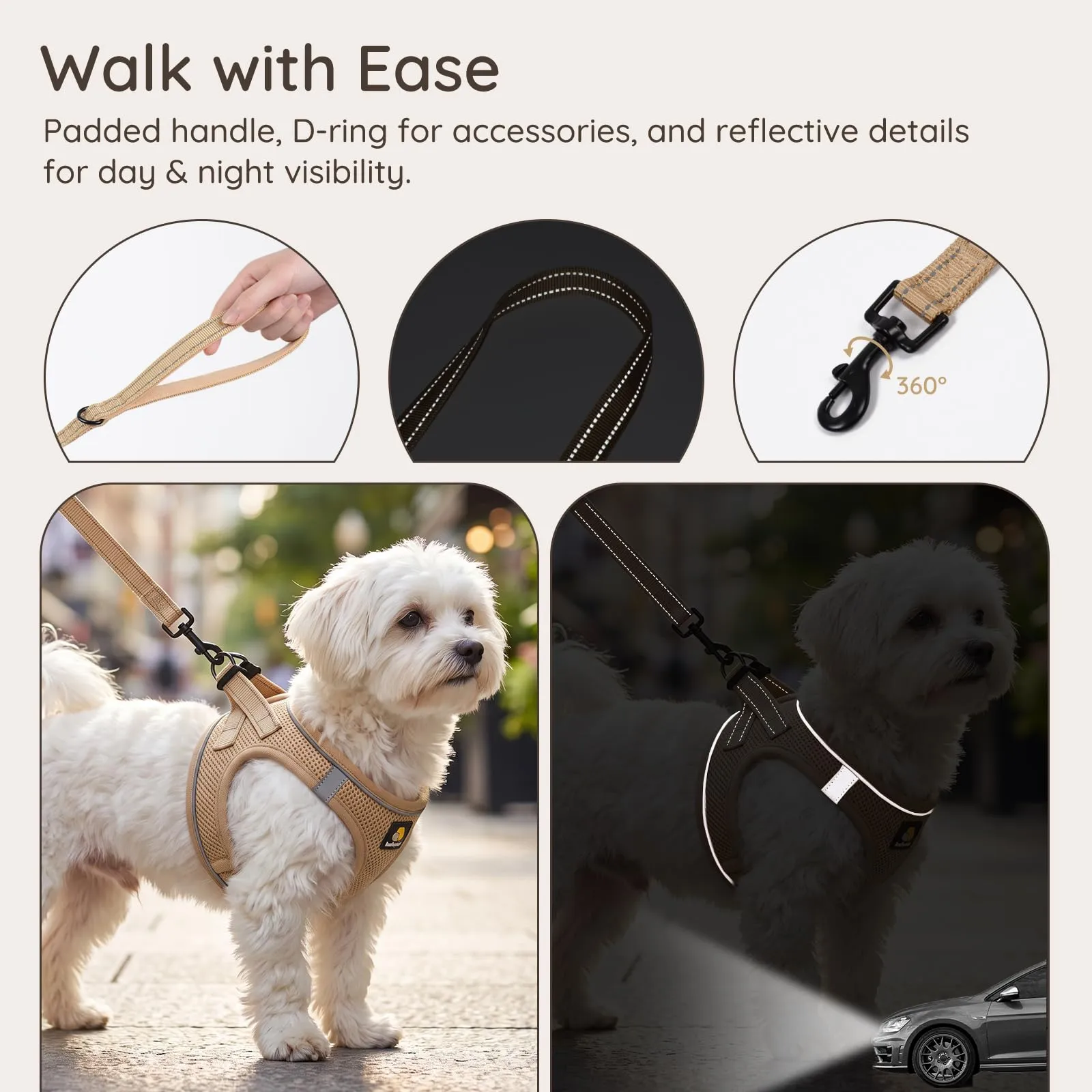 BELLA & PAL Pettorina Cane Taglia Piccola, Pettorine per Cuccioli con Guinzaglio, Step In Riflettente in Air Mesh Morbida e Traspirante, Imbracatura per Cani Poccoli, Cachi, S - immagine 6