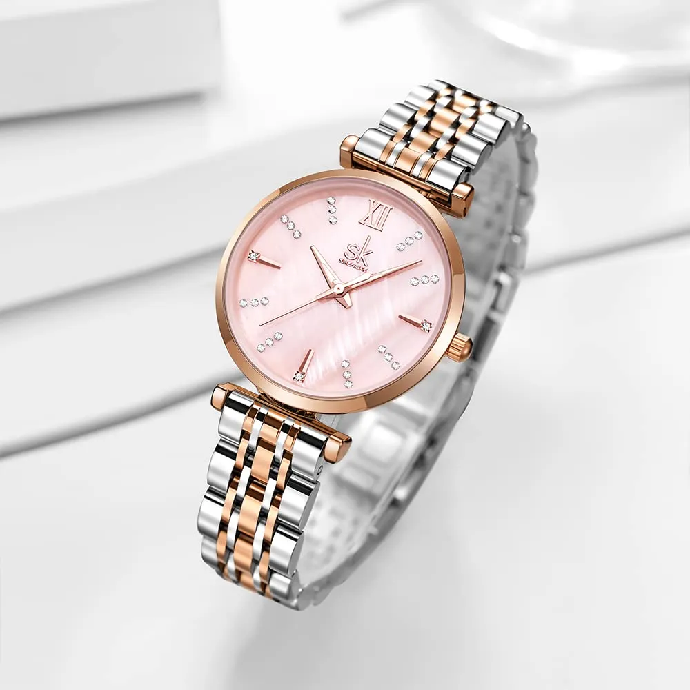 SHENGKE SK Classic Donne Orologi Moda Donne Dress Watch Solido Acciaio Inox Band Cinturino in Vera Pelle (Silver-Rose-Shell) - immagine 2