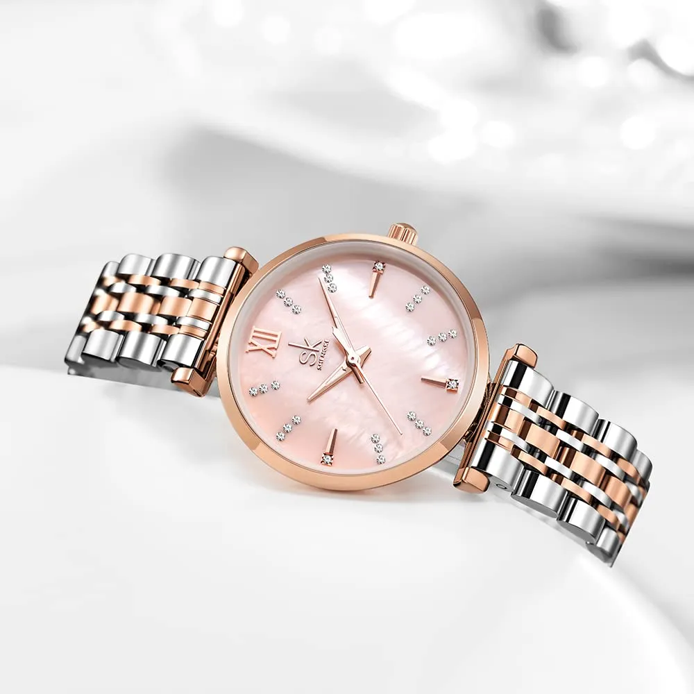 SHENGKE SK Classic Donne Orologi Moda Donne Dress Watch Solido Acciaio Inox Band Cinturino in Vera Pelle (Silver-Rose-Shell) - immagine 3