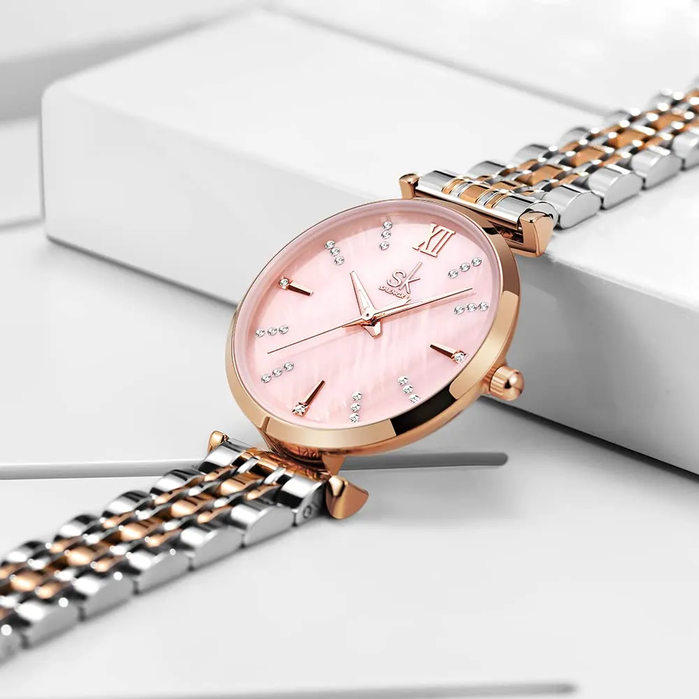 SHENGKE SK Classic Donne Orologi Moda Donne Dress Watch Solido Acciaio Inox Band Cinturino in Vera Pelle (Silver-Rose-Shell) - immagine 4