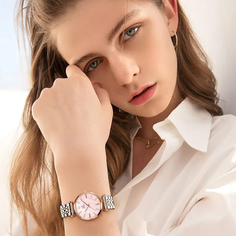 SHENGKE SK Classic Donne Orologi Moda Donne Dress Watch Solido Acciaio Inox Band Cinturino in Vera Pelle (Silver-Rose-Shell) - immagine 5