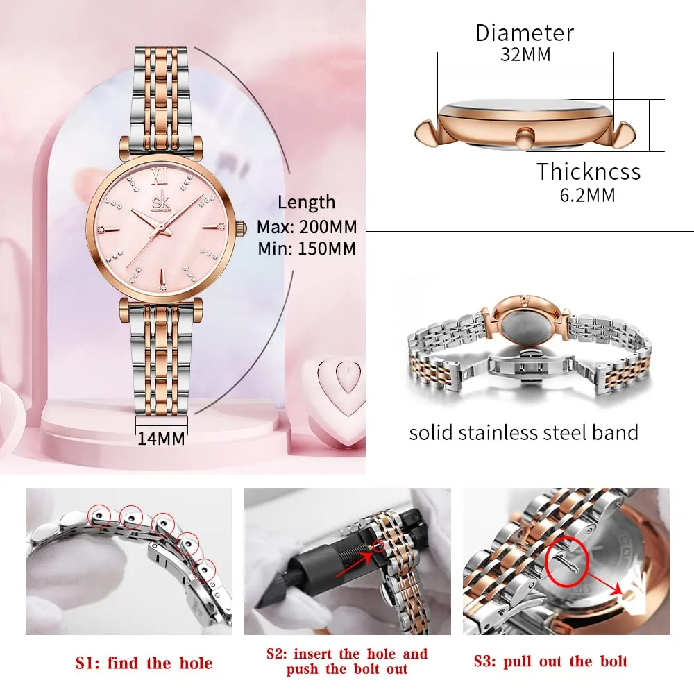 SHENGKE SK Classic Donne Orologi Moda Donne Dress Watch Solido Acciaio Inox Band Cinturino in Vera Pelle (Silver-Rose-Shell) - immagine 6