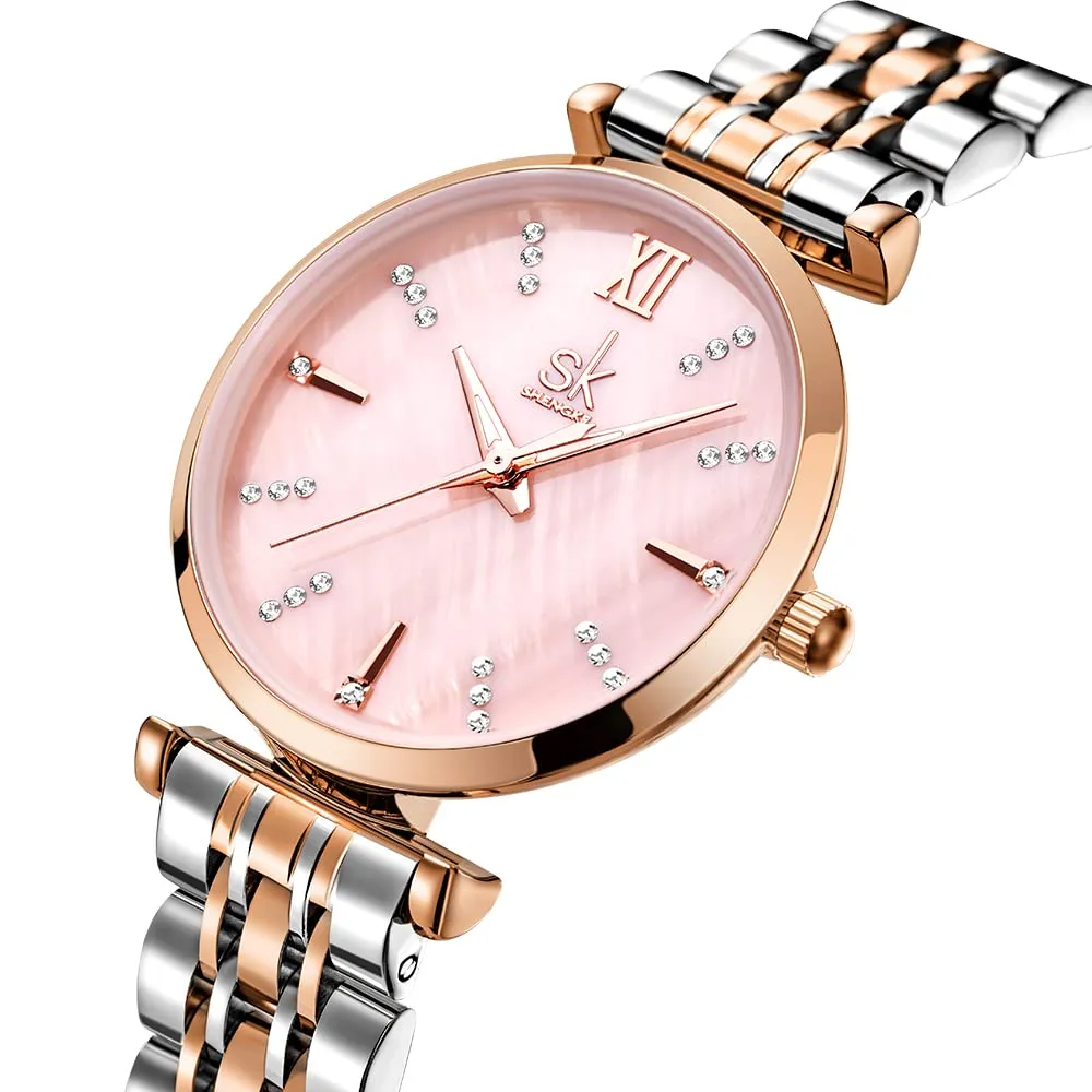 SHENGKE SK Classic Donne Orologi Moda Donne Dress Watch Solido Acciaio Inox Band Cinturino in Vera Pelle (Silver-Rose-Shell) - immagine 7