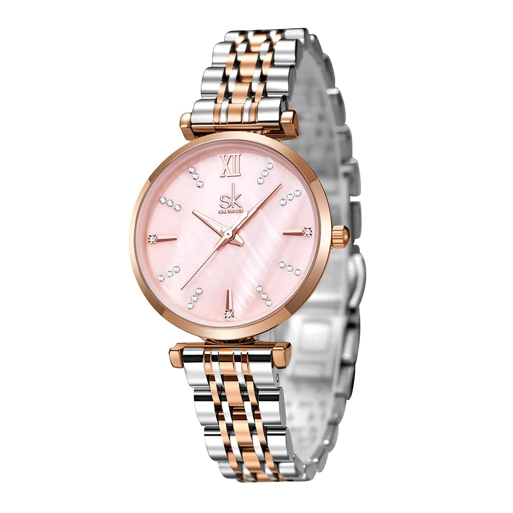 SHENGKE SK Classic Donne Orologi Moda Donne Dress Watch Solido Acciaio Inox Band Cinturino in Vera Pelle (Silver-Rose-Shell) - immagine 8