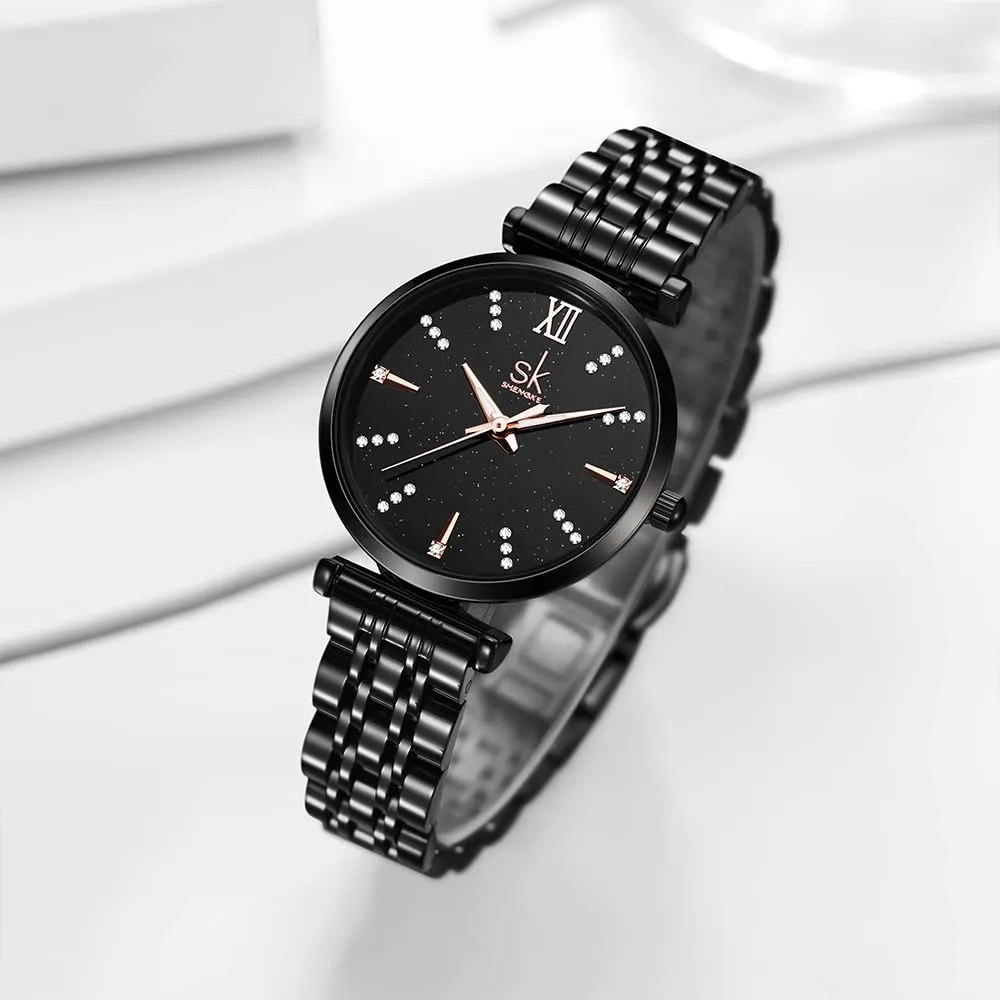 SHENGKE SK Classic Donne Orologi Moda Donne Dress Watch Solido Acciaio Inox Band Cinturino in Vera Pelle (Black-Starry) - immagine 2