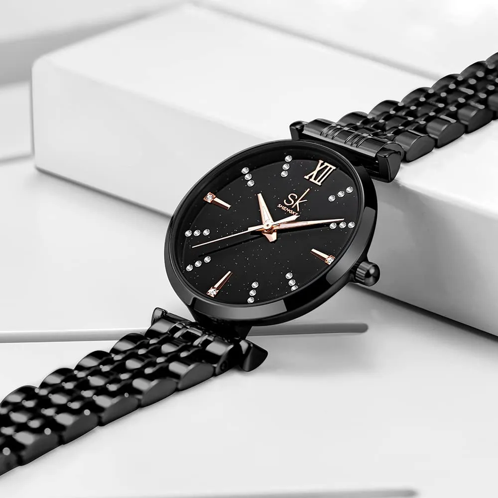 SHENGKE SK Classic Donne Orologi Moda Donne Dress Watch Solido Acciaio Inox Band Cinturino in Vera Pelle (Black-Starry) - immagine 3