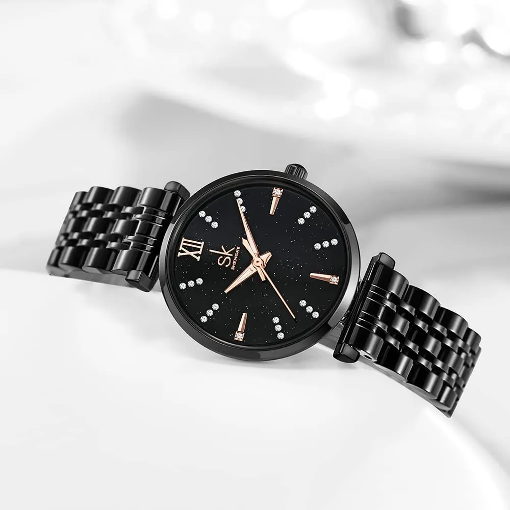 SHENGKE SK Classic Donne Orologi Moda Donne Dress Watch Solido Acciaio Inox Band Cinturino in Vera Pelle (Black-Starry) - immagine 4