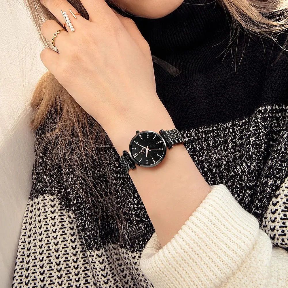 SHENGKE SK Classic Donne Orologi Moda Donne Dress Watch Solido Acciaio Inox Band Cinturino in Vera Pelle (Black-Starry) - immagine 5