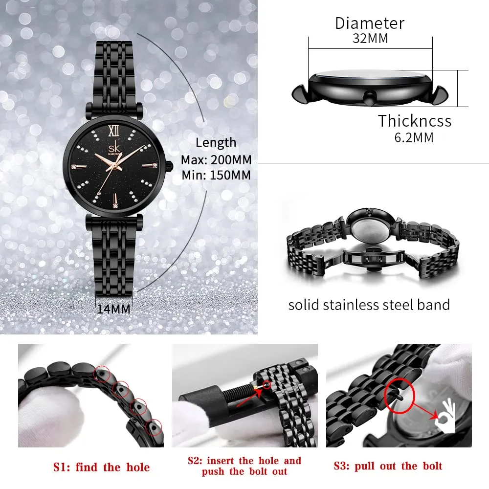 SHENGKE SK Classic Donne Orologi Moda Donne Dress Watch Solido Acciaio Inox Band Cinturino in Vera Pelle (Black-Starry) - immagine 6